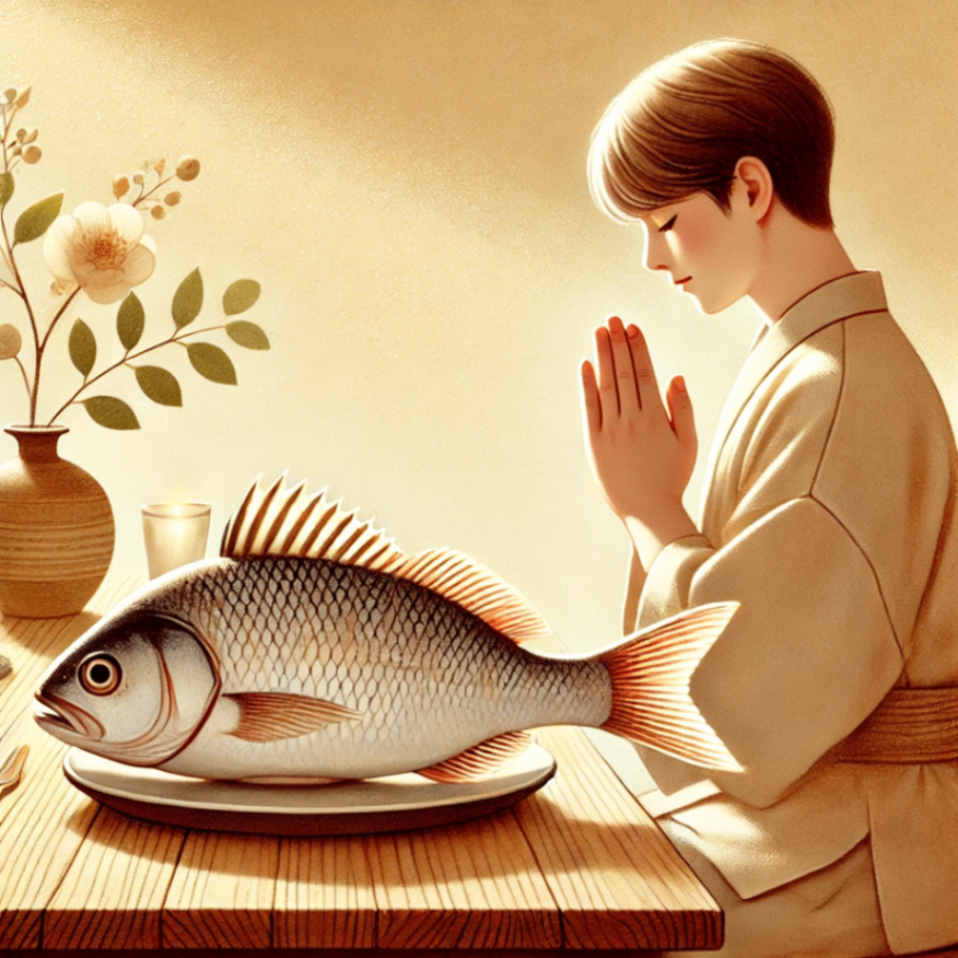 釣った魚を食す前に感謝とともに頂きますと願いを込める青年の画像