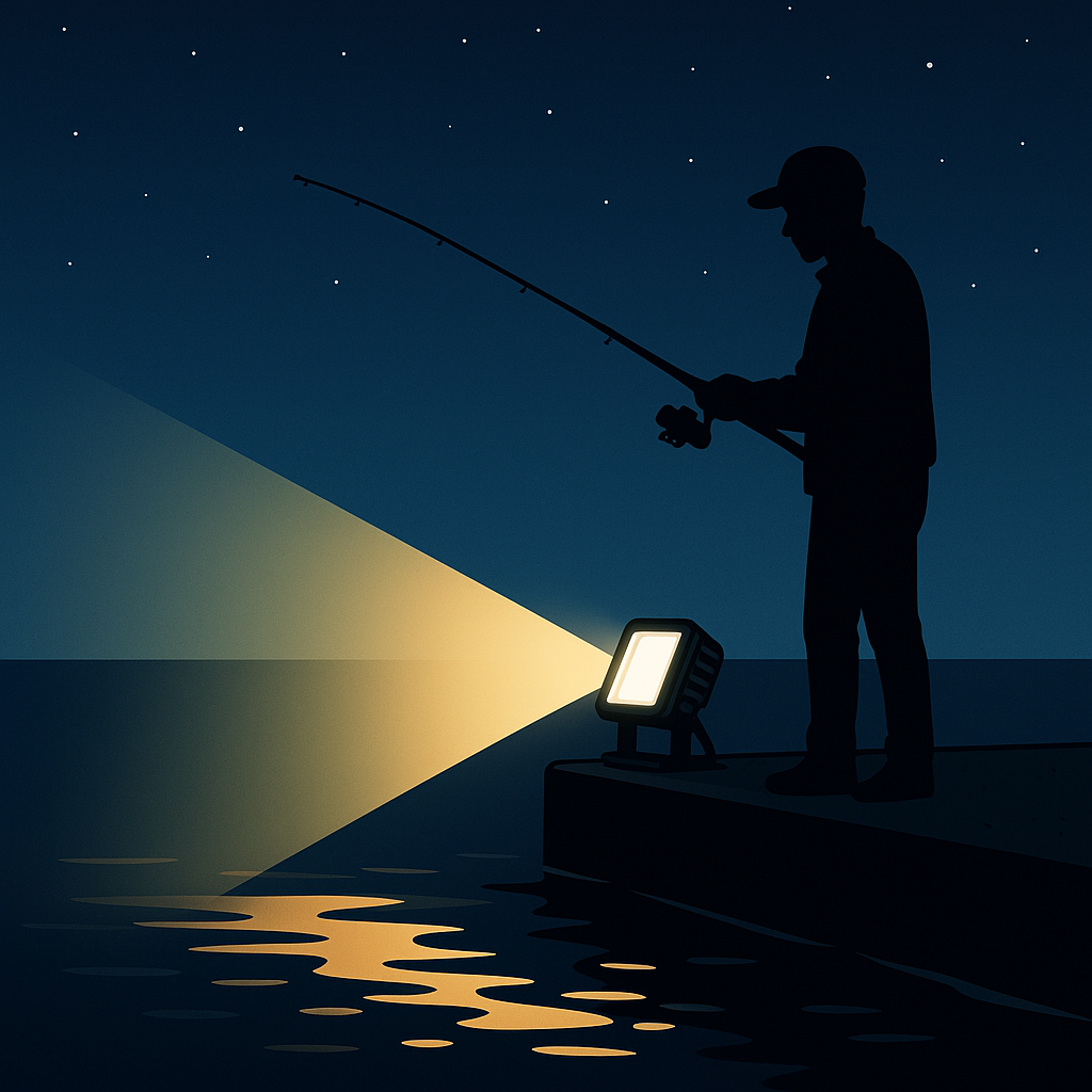 真夜中で集魚灯を焚きながら釣りをする人の背景画像