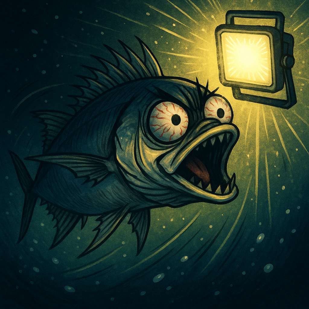 集魚灯の光に集まるアジのイラスト〈目が血走っている〉