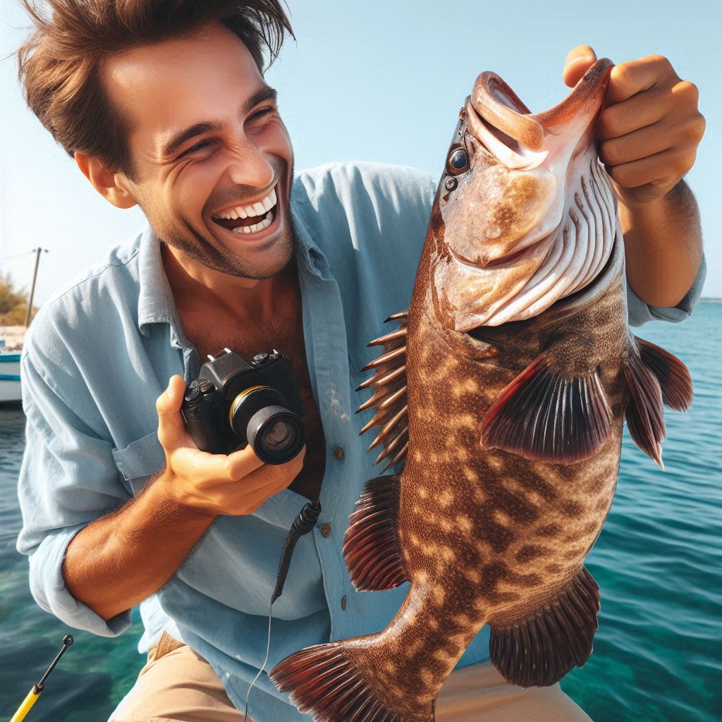 オオモンハタを釣って、手で口を掴み笑顔で写真を取るお兄さんの生成画像