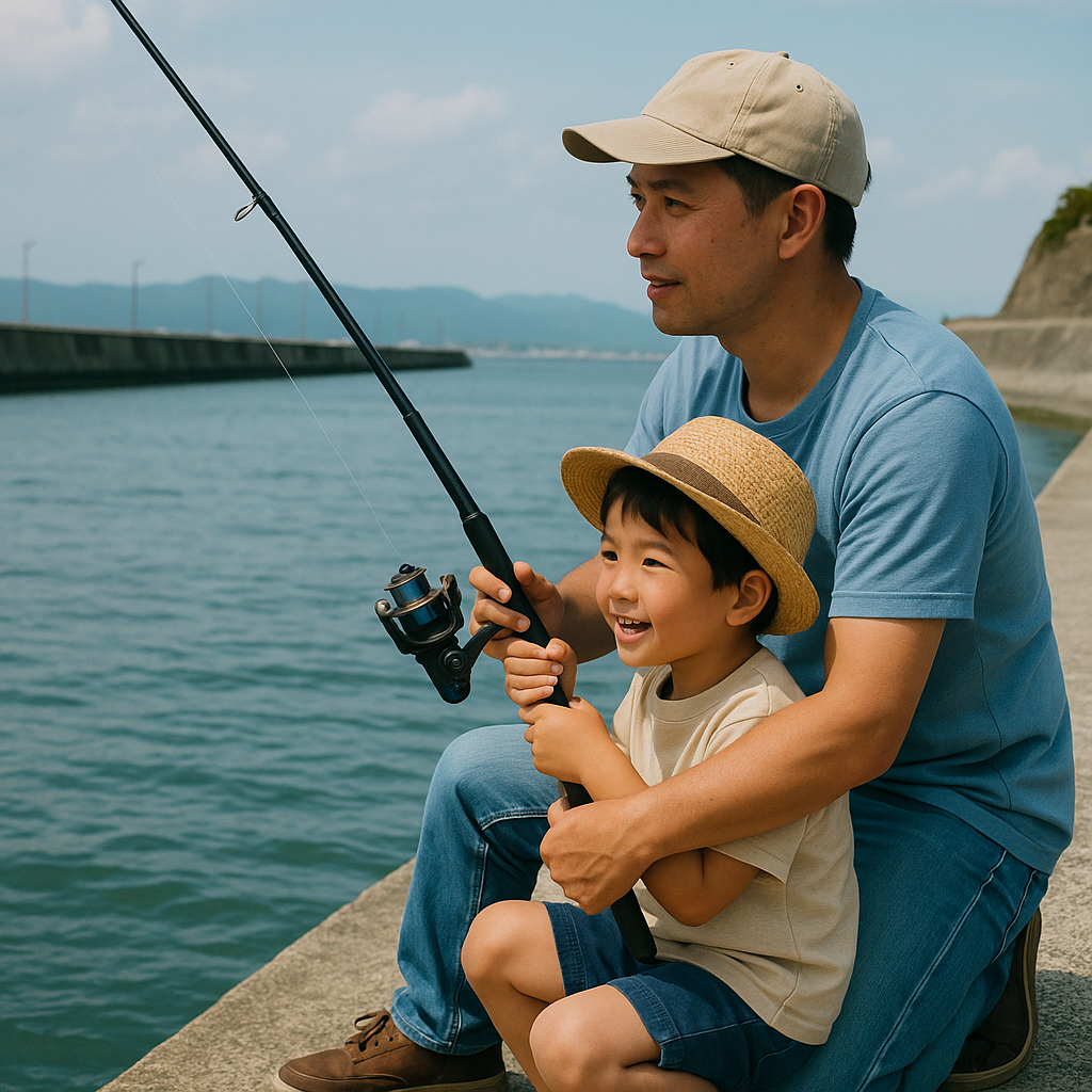 堤防で釣りをしている親子の生成画像写真
