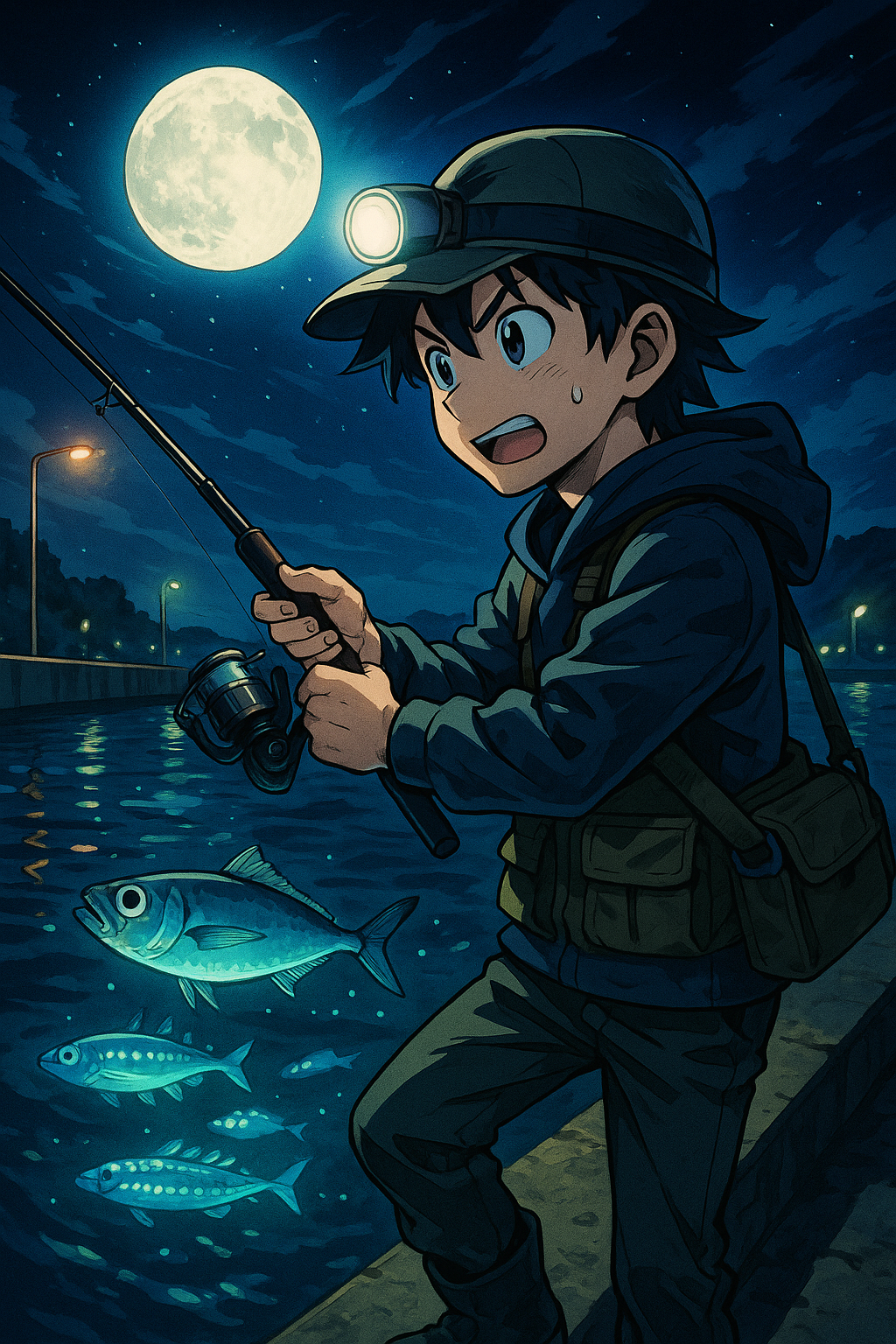ナイトアジングをしている少年と海面下でアジ・イワシなどが群れているイラスト