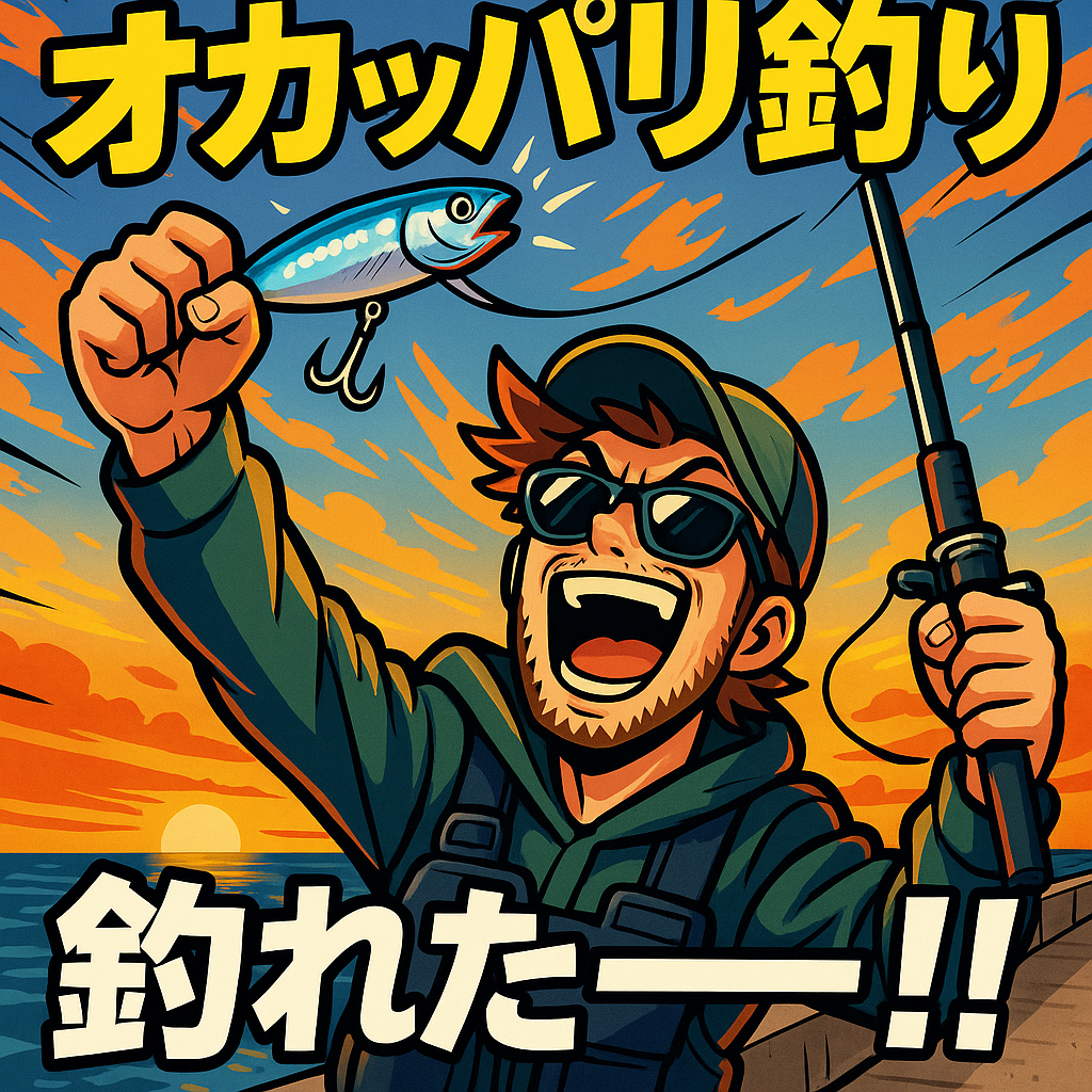 オカッパリで釣れた‐と言いながらルアーを握りしめる謎男の生成画像