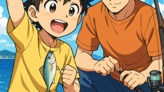 家族で魚釣りを楽しむ姿のイラスト画像。豆アジのサビキ釣りで子どもが釣れてはしゃいでいる様子