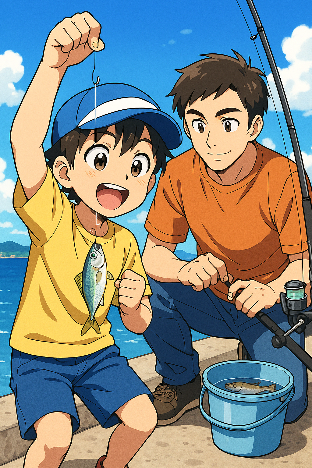 家族で魚釣りを楽しむ姿のイラスト画像。豆アジのサビキ釣りで子どもが釣れてはしゃいでいる様子