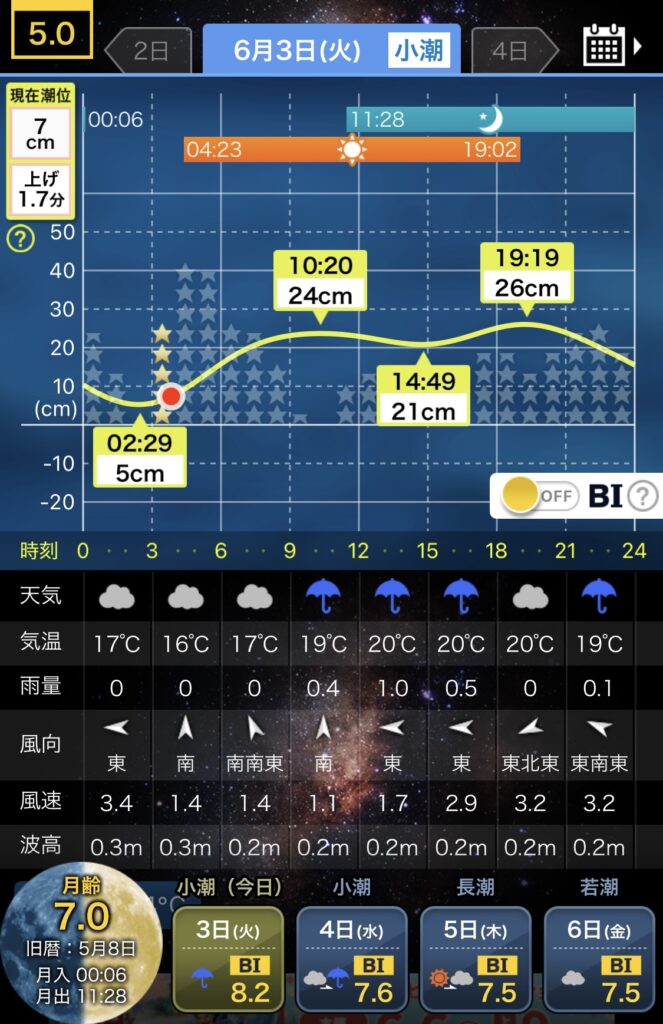 2025/6/3の新潟県中越エリアのナイトアジングで使用した潮汐データ。深夜2時30分干潮潮止まりで波風少なく釣りがしやすいデータ