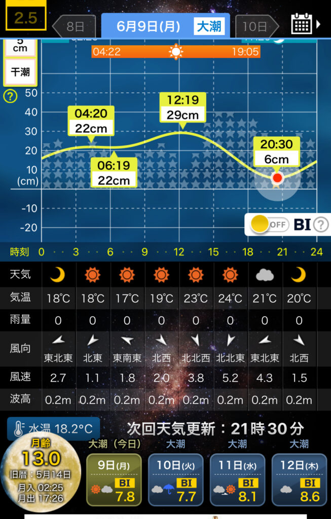 2025/6/9のSUPフィッシングにて使用したタイドグラフ。大潮上げ潮で14時ごろから風が強くなる予報