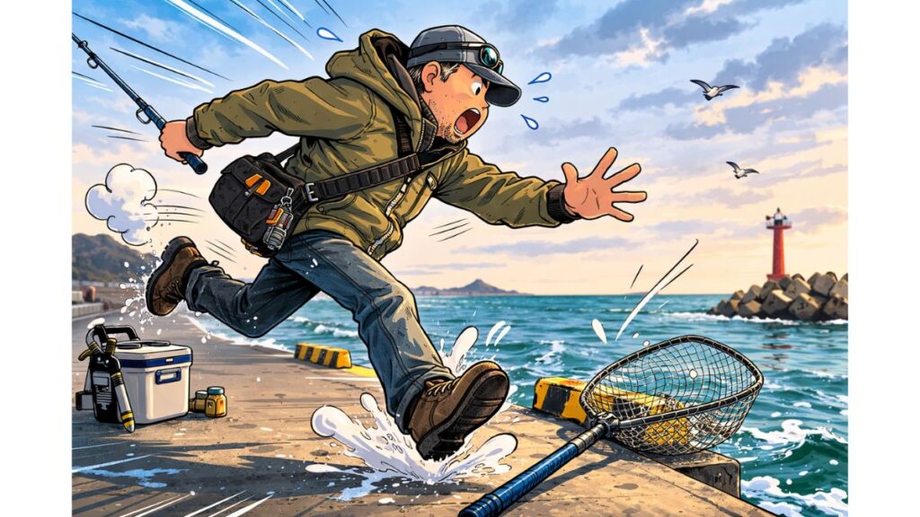 2026/3/11の新潟県寺泊エリア野積での釣行の際に忘れて帰ったタモを急いで取りに帰る中年おじさんアングラーの画像