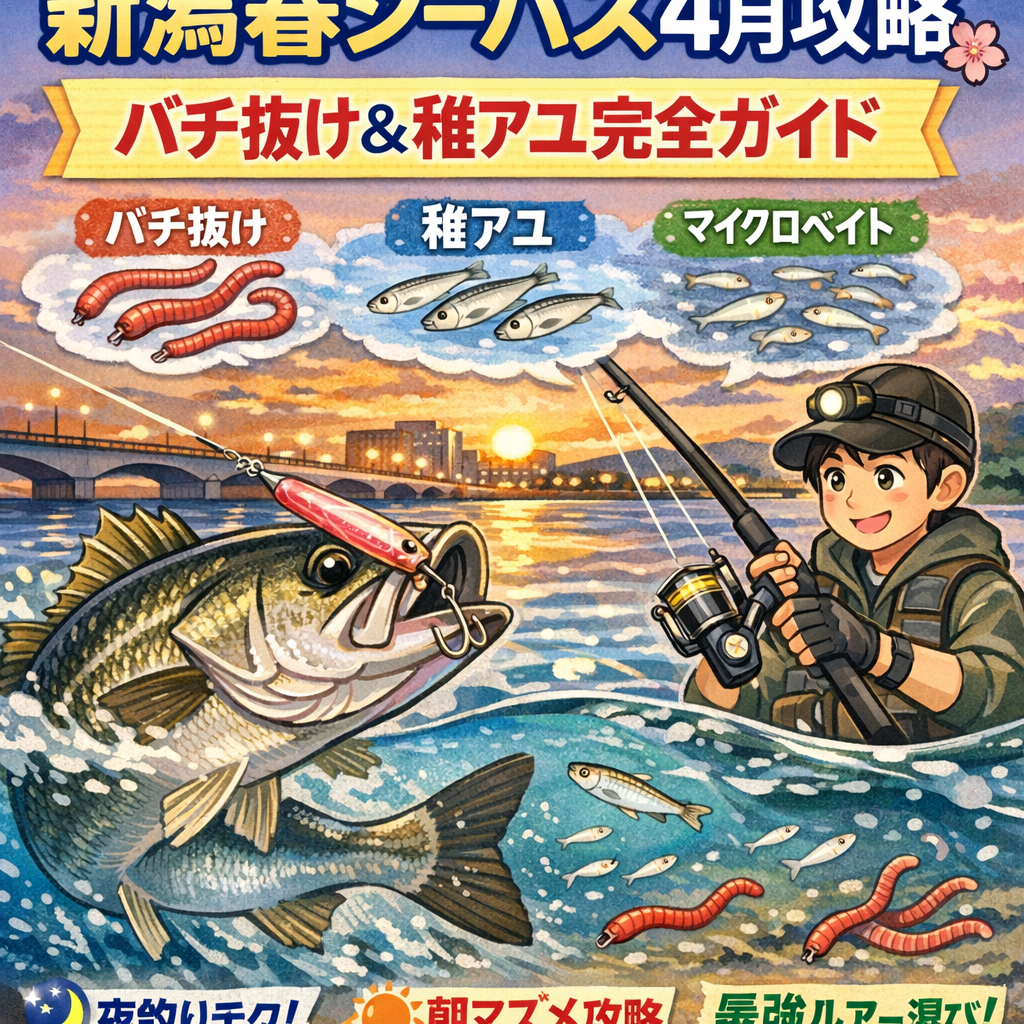 【新潟・信濃川河口】4月春シーバス攻略！バチ抜け＆稚アユパターンで60cmオーバーを狙う完全ガイド🎣