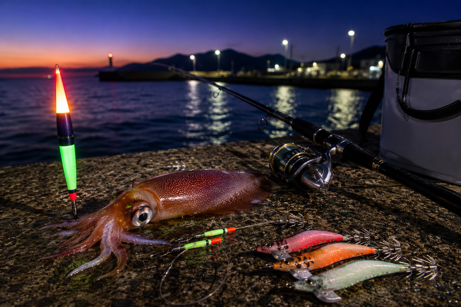 新潟陸っぱり スルメイカ・ムギイカ電気ウキ夜釣り