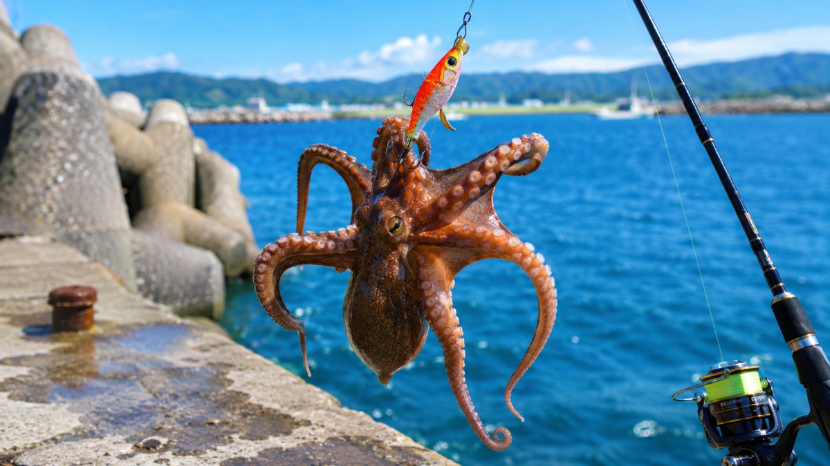 新潟の堤防でタコエギに抱きついたマダコと釣りタックル