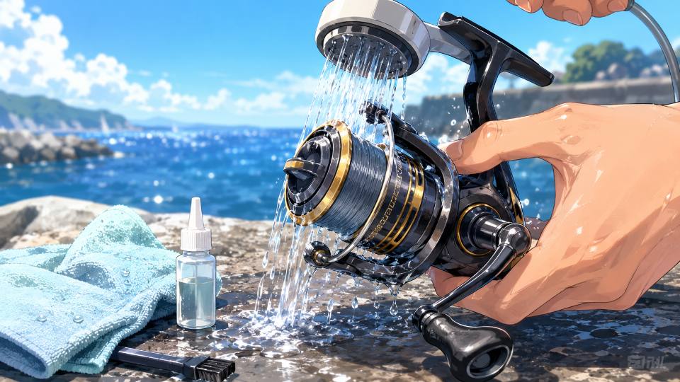 海水で使ったスピニングリールをシャワーで水洗いしてメンテナンスする様子