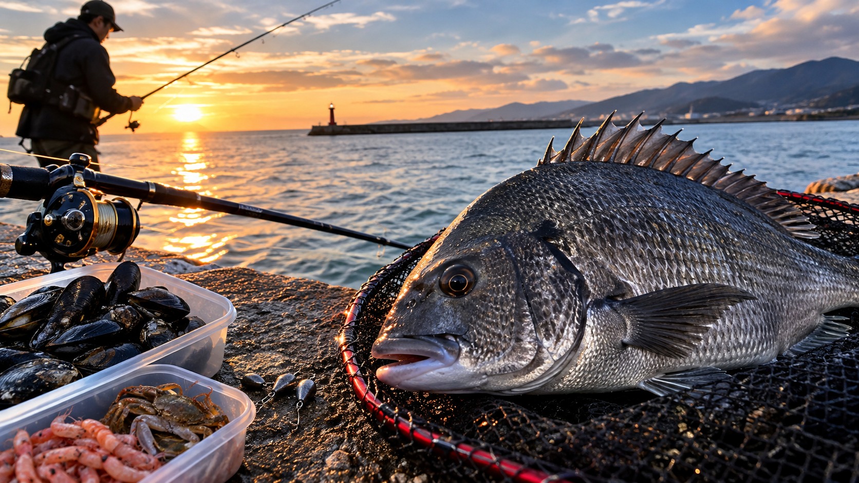 秋の新潟の堤防で釣れたクロダイ（チヌ）と落とし込みタックル