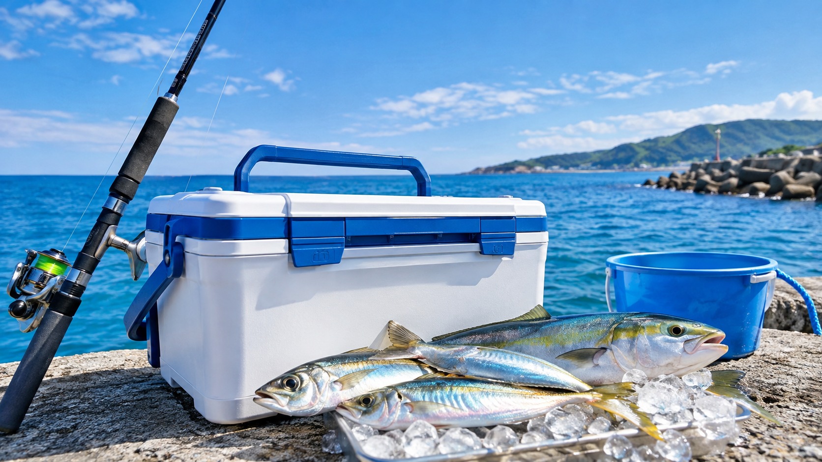 新潟の堤防に置かれた釣り用クーラーボックスと釣り竿、氷の上の新鮮な魚