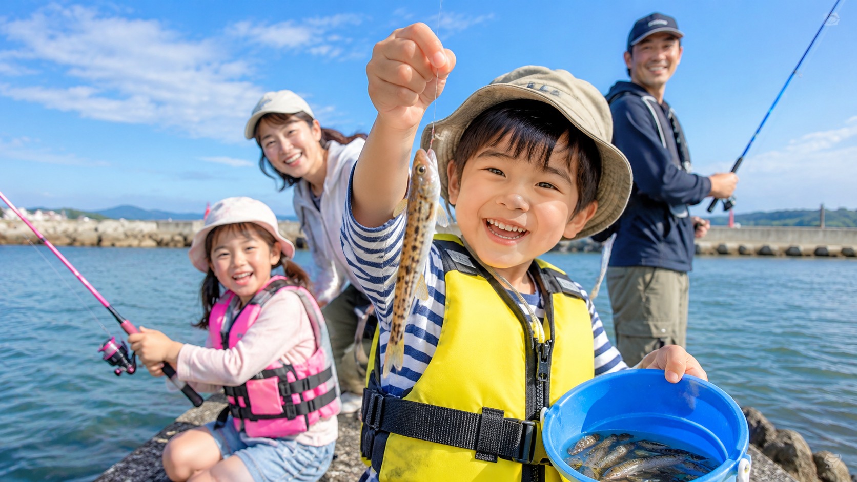 新潟の河口で秋のハゼを家族でちょい投げ釣りする様子