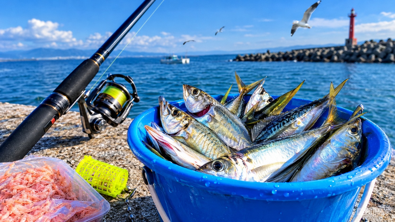 9月の新潟の堤防でサビキ釣りをするイメージ