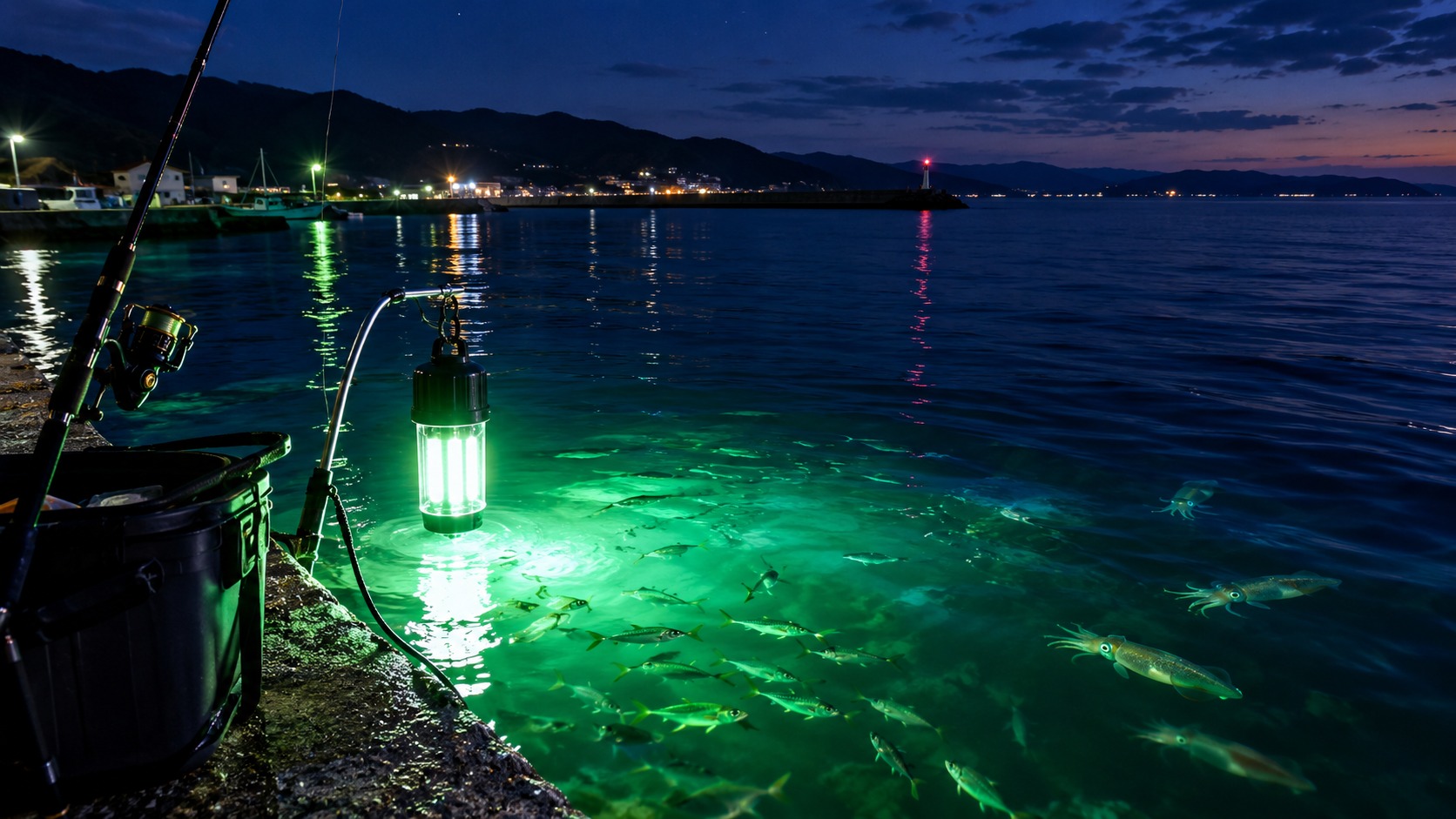 新潟の秋の夜釣りで集魚灯を使うイメージ