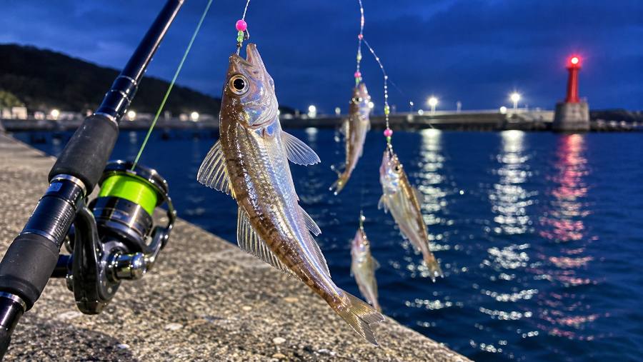 新潟の夜の堤防で投げサビキでハタハタを狙うイメージ