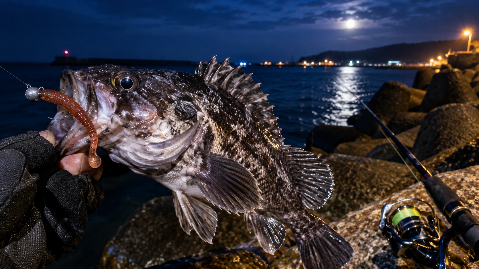 新潟の夜の堤防・テトラでワームで狙う秋のクロソイ（ソイ）