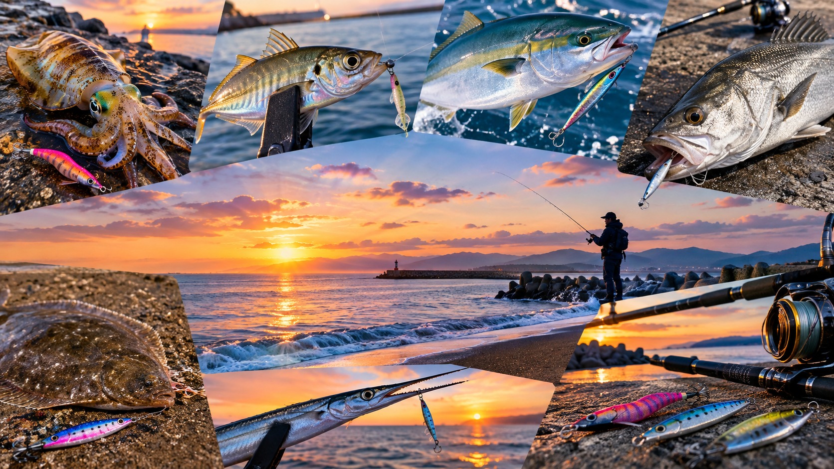 新潟の10月に陸っぱりで釣れる魚（アオリイカ・アジ・青物・シーバス・カレイ・サヨリ）と堤防・サーフの夕景