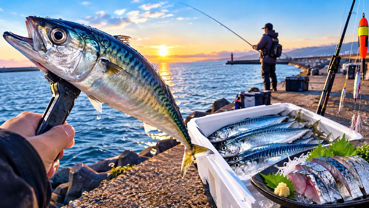 新潟の堤防で釣れた秋の良型大サバとサビキ釣りのイメージ