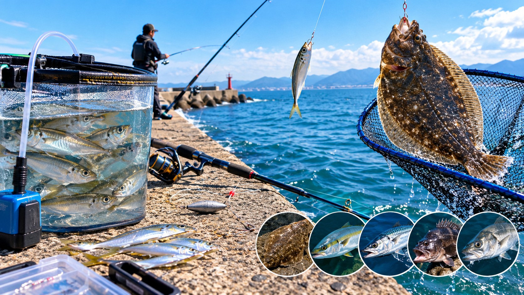 新潟の秋の堤防で泳がせ釣り。活かしバケツの小アジとヒラメ、タモ網、ロッド